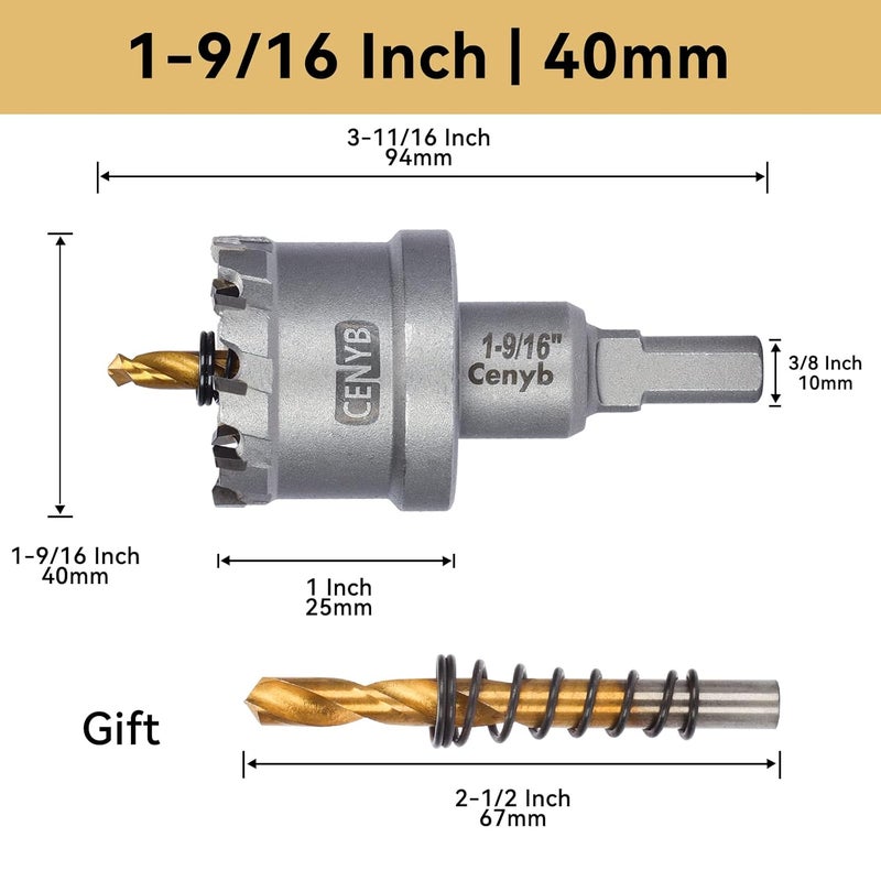 cenyb 1-9/16" (40mm) Tungsten Carbide Tipped Hole Saw with 2Pcs Titanium-Plated Pilot Drill Bits for Hard Metal,Stainless Steel,Iron,Aluminum Alloy,Wood and Plastic - Image 2